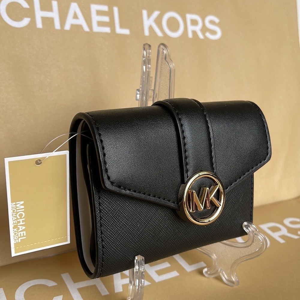 MICHAEL KORS CARMEN MEDIUM LOGO AND FAUX LEATHER WALLET BLACK